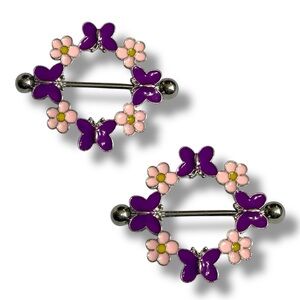 Pierced Nation 9/16” 14 Gauge 316L Purple & Pink Flowers & Butterfly Nipple Ring